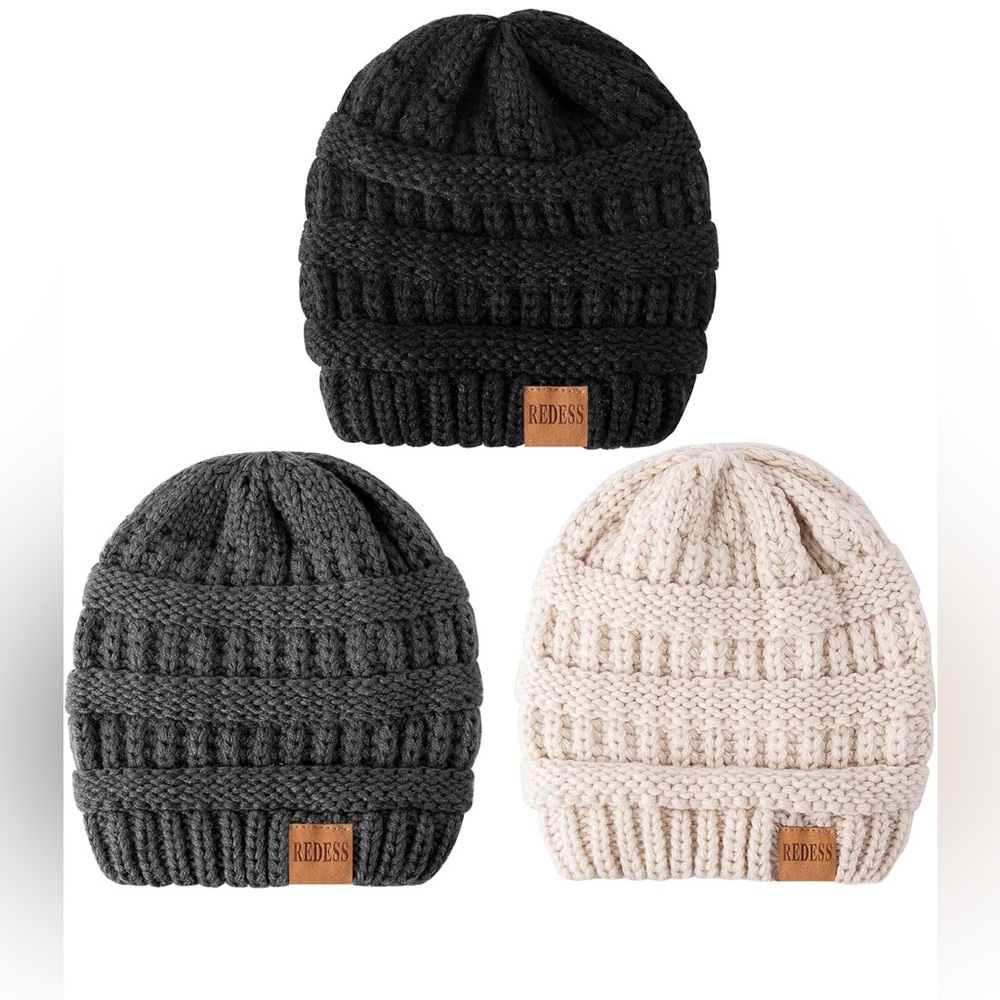 Toddler Knit Beanie Hat Set - Black, Gray, and Cream